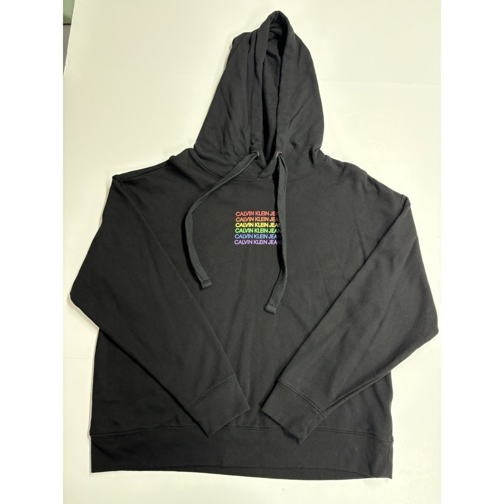 Calvin Klein Jeans Pullover Hoodie Women's XL Black Logo Rainbow Pride